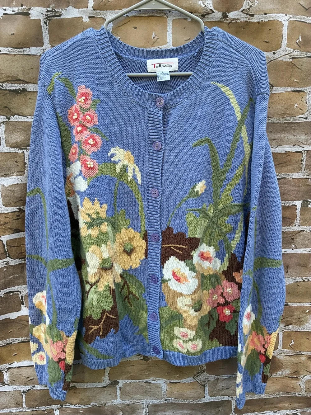 Vintage Talbots L cornflower Blue Floral Intarsia Cardigan